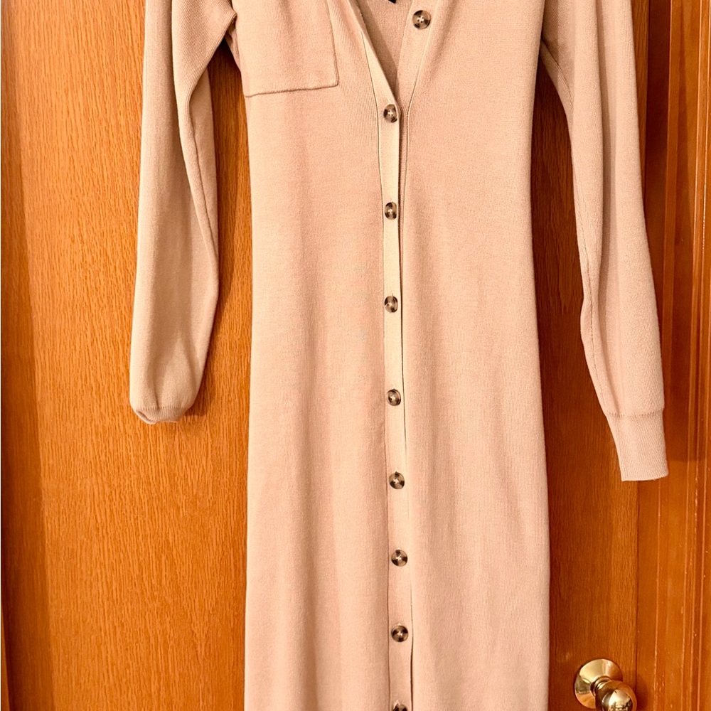 Lulu's Beige Long Sleeve Button-Down Dress